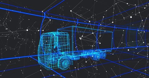 Digital wireframe semi-truck highlighting futuristic automotive technology