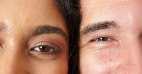 Close-up of diverse couple's eyes and brows highlighting elegance and intimacy