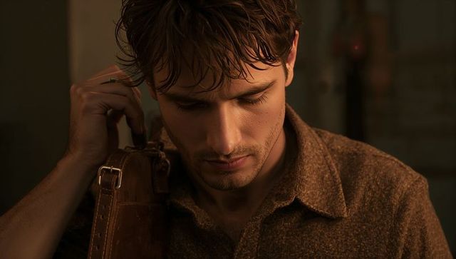 Holding leather satchel strap, man gazing down in low-key warm light cinematic portrait