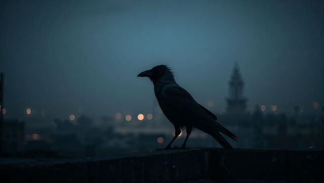 Silhouetted Crow Overlooking Urban Dusk Skyline