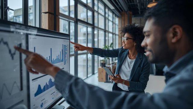 Collaborative analytics review with professionals pointing at growth charts and dashboards