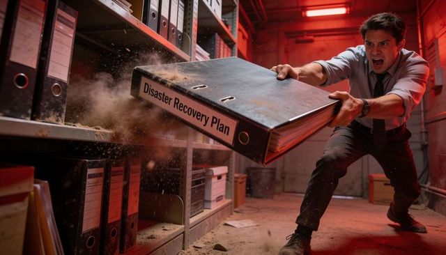 Executive lunging to save disaster recovery plan from collapsing records shelf