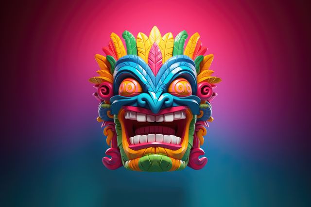 Colourful tiki mask on pink and blue background, created using generative ai technology. Culture, tradition, decoration, pattern and colour concept digitally generated image.
