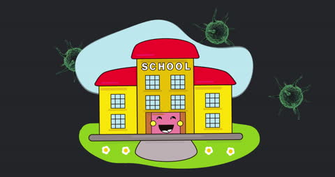 Animated School Icon with Floating Virus Cells Illustrating Global Pandemic