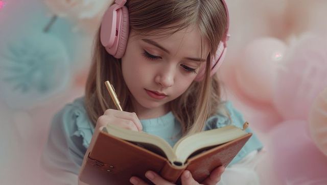 Young girl writing with pink headphones and notebook