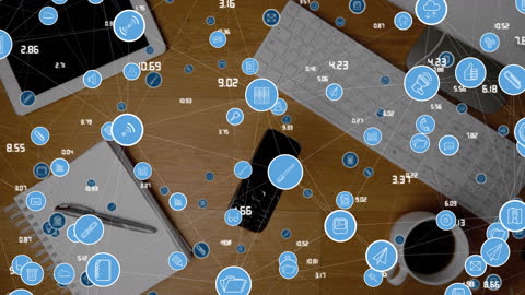 Media Icons Overlay on Office Workspace for Networking Concept