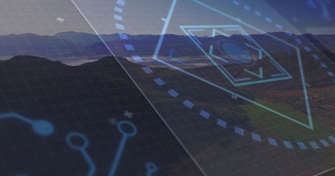 Futuristic Technology Overlay on Scenic Valley at Dawn