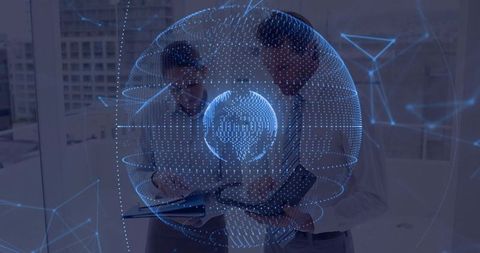 Business Professionals Analyzing Holographic 3D Data in Modern Office