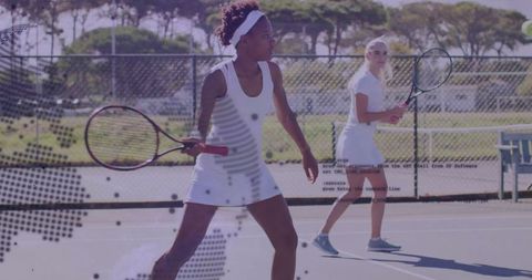 Women's Doubles Tennis Match with World Map Overlay