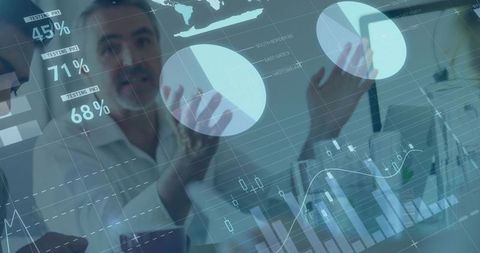 Business team discussing analytics with digital data interface