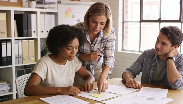 Collaborating team reviewing documents and charts in bright modern office workspace