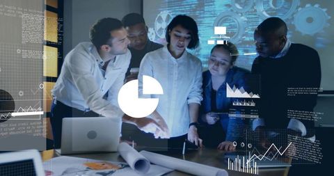 Woman Leading Diverse Team Analyzing Data and Blueprints in Nighttime Strategy Session