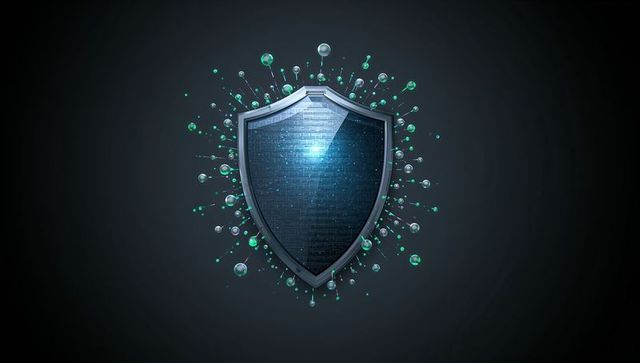 Glowing Futuristic Digital Shield Hovering with Binary Code Face and Teal Network Nodes