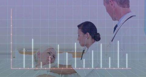 Doctors Monitoring Senior Patient with Graphical Health Data Analytics Overlay