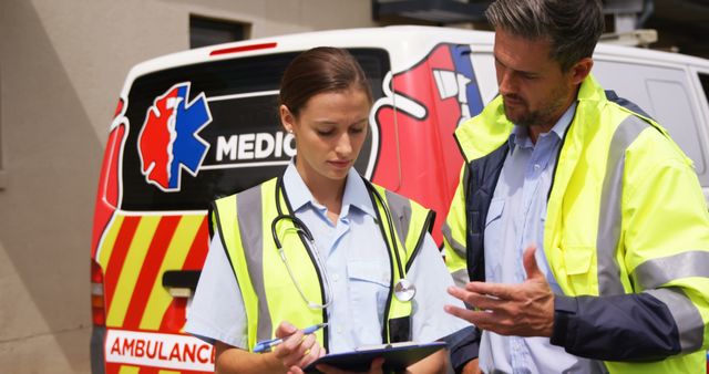 Paramedics Discussing Medical Report Near Ambulance - Download Free Stock Images Pikwizard.com