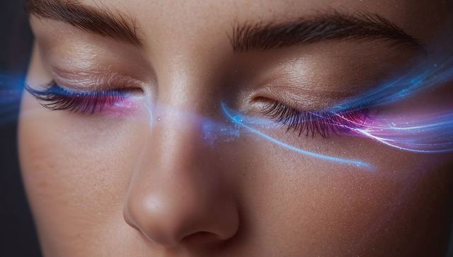 Futuristic neon lash closeup: woman closing eyes with glitter skin nose stud glow shimmer makeup por