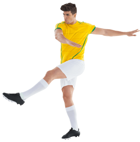 Biracial Male Footballer Kicking on Transparent Background