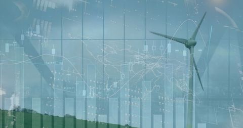 Sustainable Energy Concept with Wind Turbine and Digital Overlay