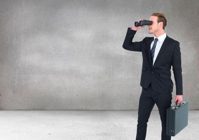 Businessman in suit holding binoculars and briefcase, looking ahead. Ideal for concepts related to vision, future planning, business strategy, and corporate goals. Can be used in business presentations, marketing materials, and corporate websites.