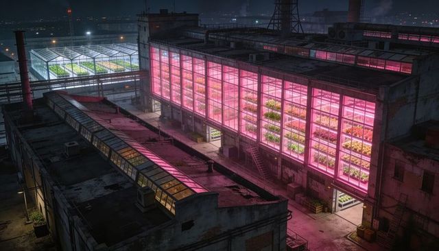 Glowing rooftop vertical farm with magenta led greenhouse in industrial city at night