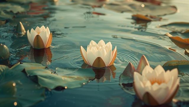 Floating white lotus blossoms on tranquil pond