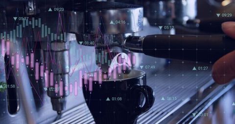 Pulling precision espresso shot with analytics overlay portafilter and cup in modern cafe