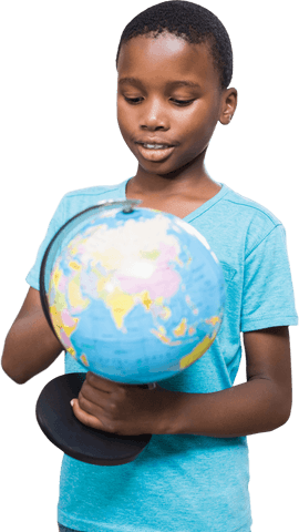 African american schoolboy holding globe on transparent background