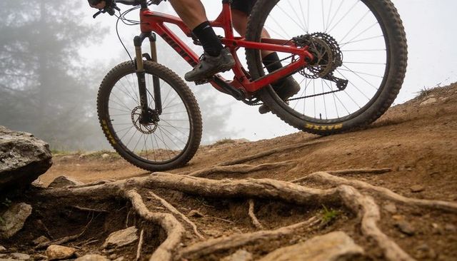 Mountain biker pedaling rooty misty trail on red full-suspension bike, off-road action
