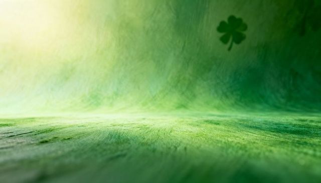Curving green woodgrain surface featuring silhouetted four-leaf clover and gradient light