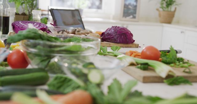 Fresh Ingredients and Tablet on Kitchen Countertop - Download Free Stock Images Pikwizard.com