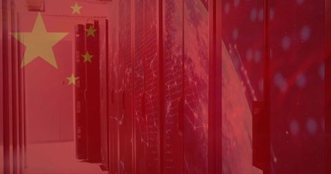 Glowing red data center racks humming with china flag overlay and digital globe
