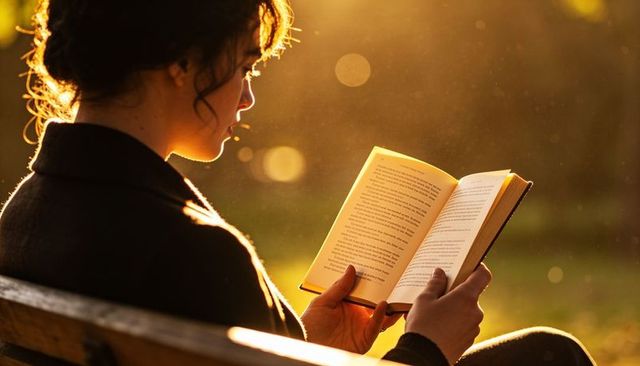 Woman reading paperback on park bench at golden hour with warm backlight and bokeh
