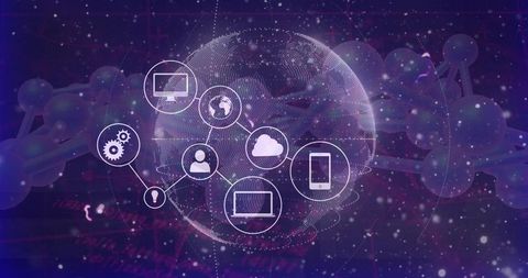 Glowing Digital Globe with Tech Icons, DNA Molecules and Cloud Connectivity Visualization