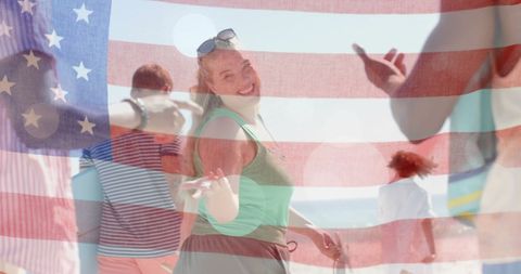 Blurred USA Flag Over Diverse Friends Smiling on Beach - Download Free Stock Images Pikwizard.com