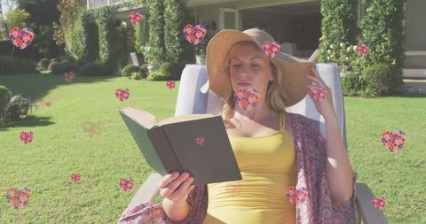 Woman Relaxing on Sun Lounger with Floral Heart Overlay