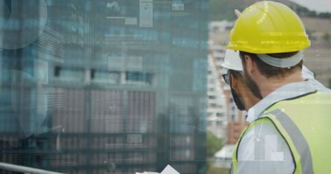 Architects Reviewing Plans at Construction Site with Digital Data Overlay - Download Free Stock Images Pikwizard.com