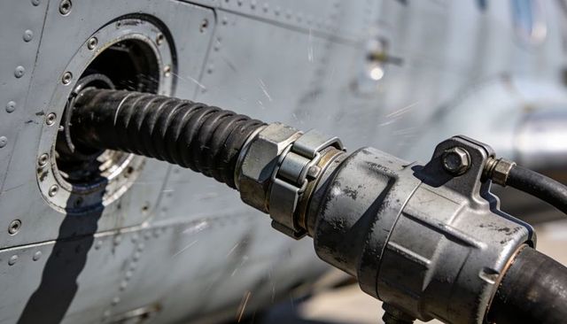 Connecting aircraft refueling hose to metal coupling on fuselage with fuel droplets
