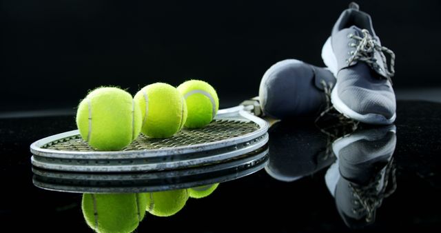 Bright yellow tennis balls, tennis racket and grey sneakers sitting on a reflective black surface, perfect for illustrating concepts related to fitness, sports, and active lifestyles. Ideal for athletic product promotion, blogs about tennis, or sports training articles.