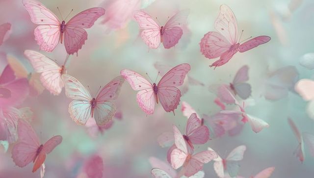 Pastel pink butterflies fluttering over dreamy meadow with ethereal translucent wings