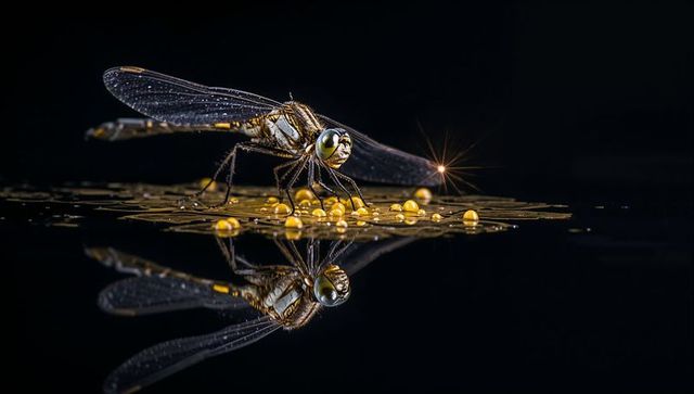 Metallic dragonfly perching on floating leaf with golden dew and mirror reflection