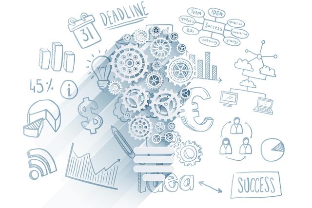 This image creatively combines various business-related icons to form the shape of a light bulb, symbolizing innovation and bright ideas. It is ideal for use in presentations, business reports, marketing materials, and websites focused on business strategy, entrepreneurship, and creative thinking. The visual representation of gears, currency symbols, and other business elements makes it suitable for illustrating concepts of planning, growth, and teamwork.