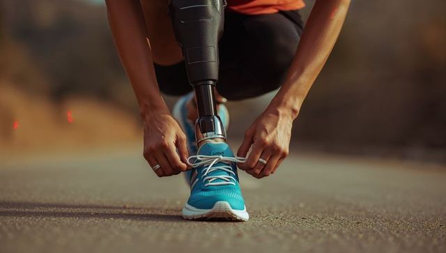 Athlete with prosthetic leg tying running shoes on road