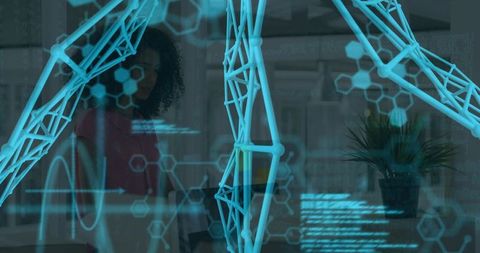 Augmented reality 3d lattice overlay in research lab with woman analyzing holographic data