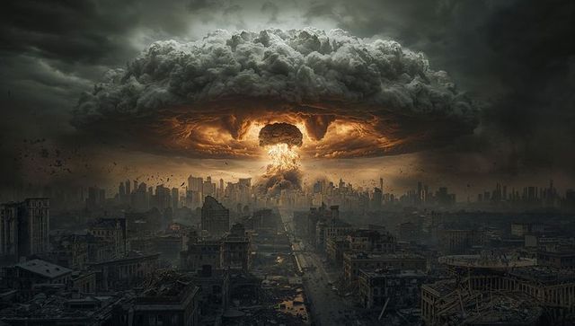 Dramatic Apocalyptic City with Fiery Mushroom Cloud
