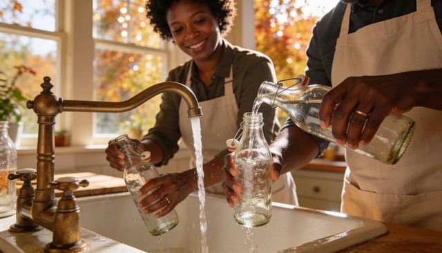 Couple filling glass bottles at farmhouse sink pouring water in sunlit autumn kitchen