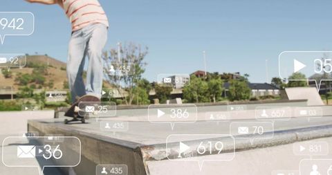 Skateboarder grinding concrete ledge at suburban skatepark with notification overlays