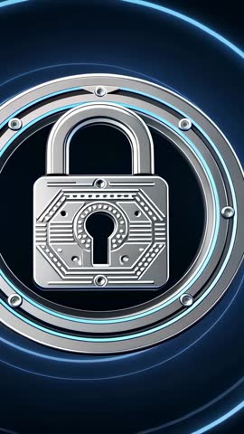 Vertical Cyber Lock Animation Showing Metallic Padlock, Rotating Blue Rings, Pulsing Circuit Lines