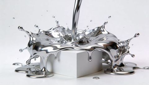Pouring chrome liquid splashing over white cube creating mirror-like metallic crown