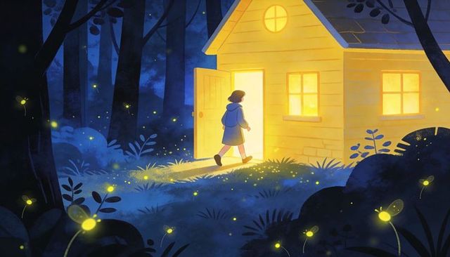 Child stepping into glowing forest cabin at night with fireflies, warm backlit cottage