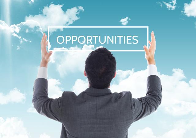 Digital composition of businessman with his hands raised against sky with opportunities text in background